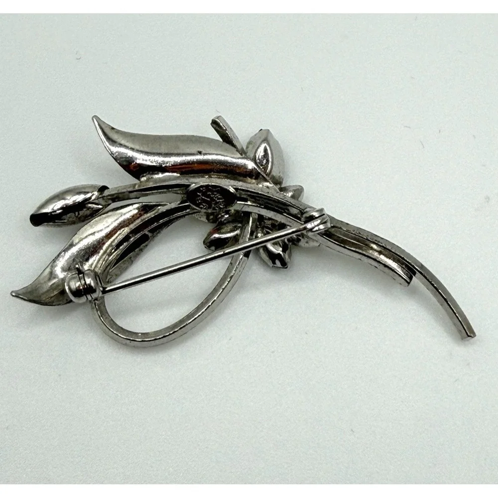 Vintage STAR ART Sterling Silver Flower Spray Brooch Pin Green Rhinestone 1950s
